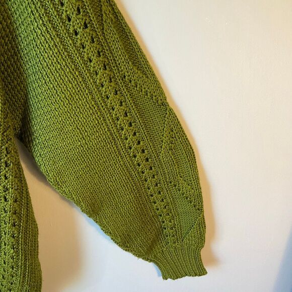Olive Open Knit Heritage Cable Mockneck Sweater, OS. Balloonsleeves - Picture 6 of 8
